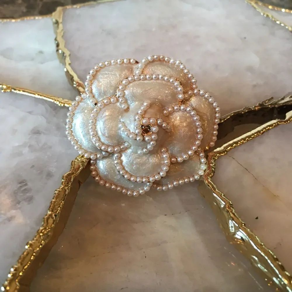 Pearl Camellia Flower Brooch Pin Ivory White Couture Style